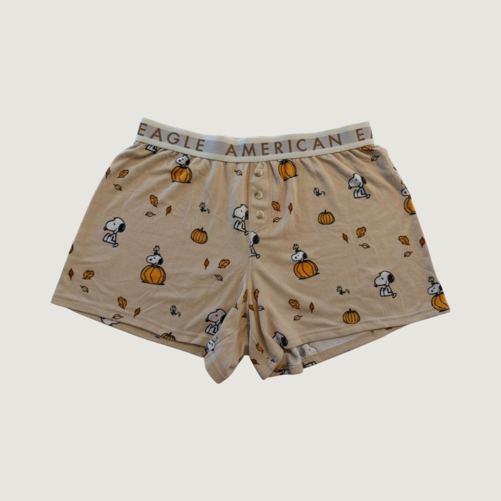American Eagle Snoopy Peanuts Pumpkin Fall Pajama Shorts Tan Size Medium